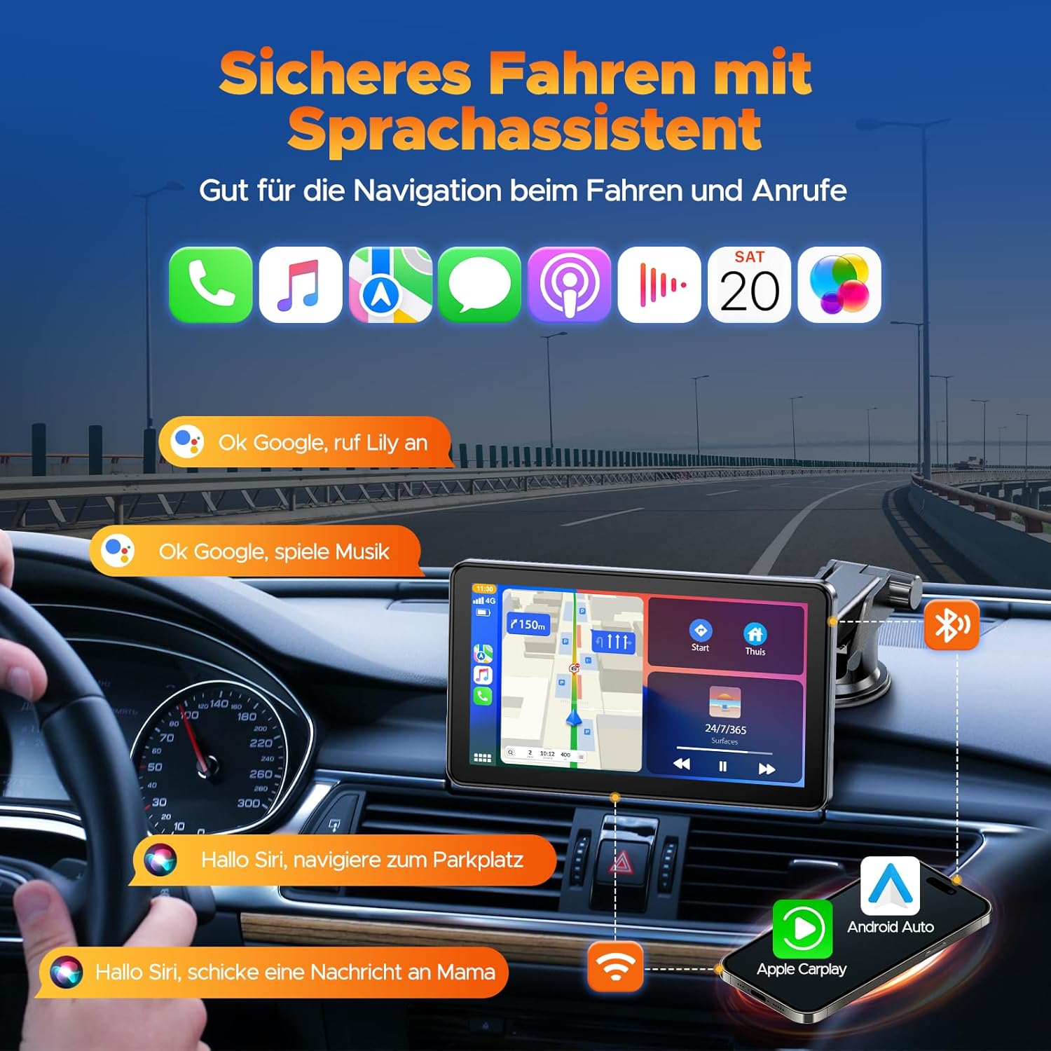 Affichage de voiture Android Carplay sans fil avec écran tactile de 7 pouces