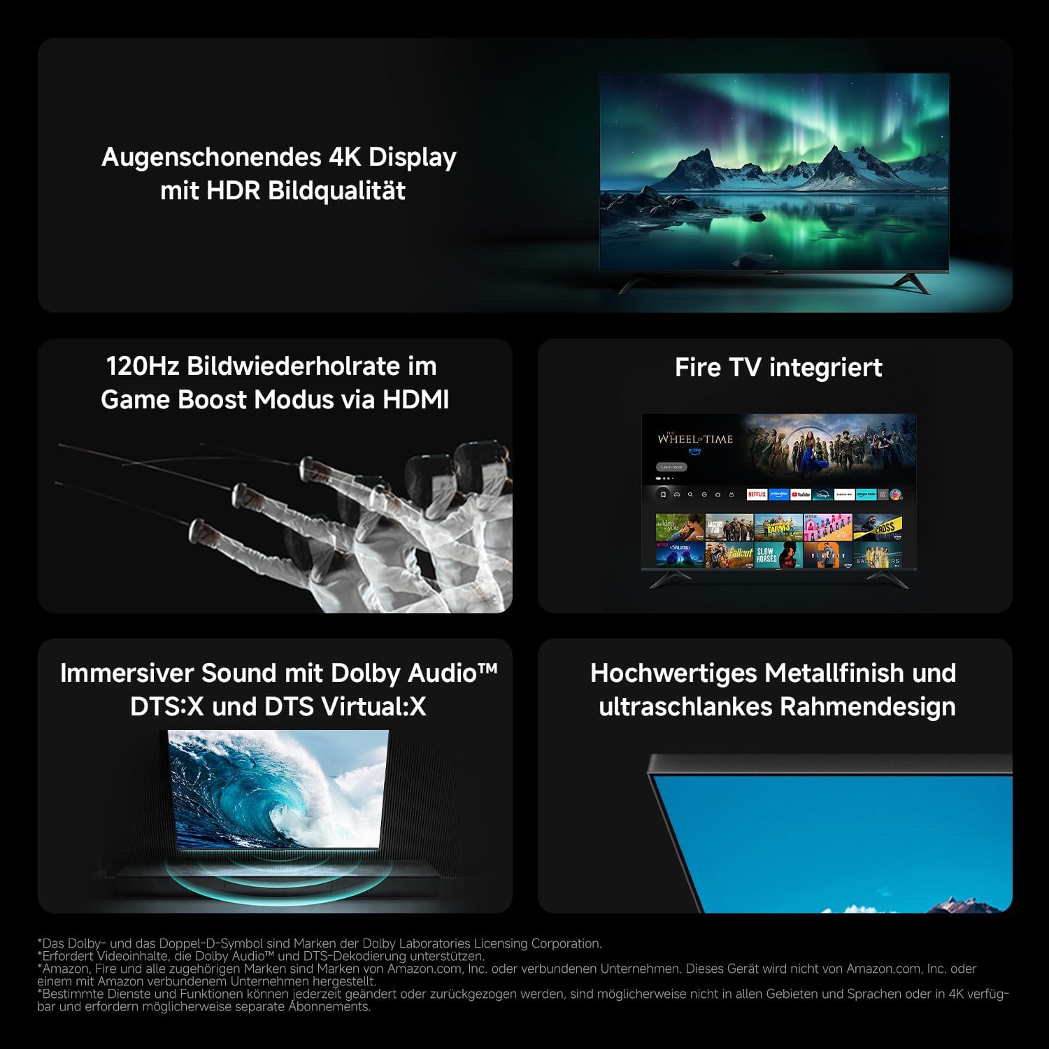Xiaomi TV F 65, 65 Inch (165 cm), 4K UHD, Smart TV, Fire OS8, Triple Tuner DVB-C/S/S2/T/T2, HDR10, MEMC, 60Hz with 120Hz Game Boost Mode, Voice Control with Alexa, 2GB+32GB, Compatible with Apple AirPlay