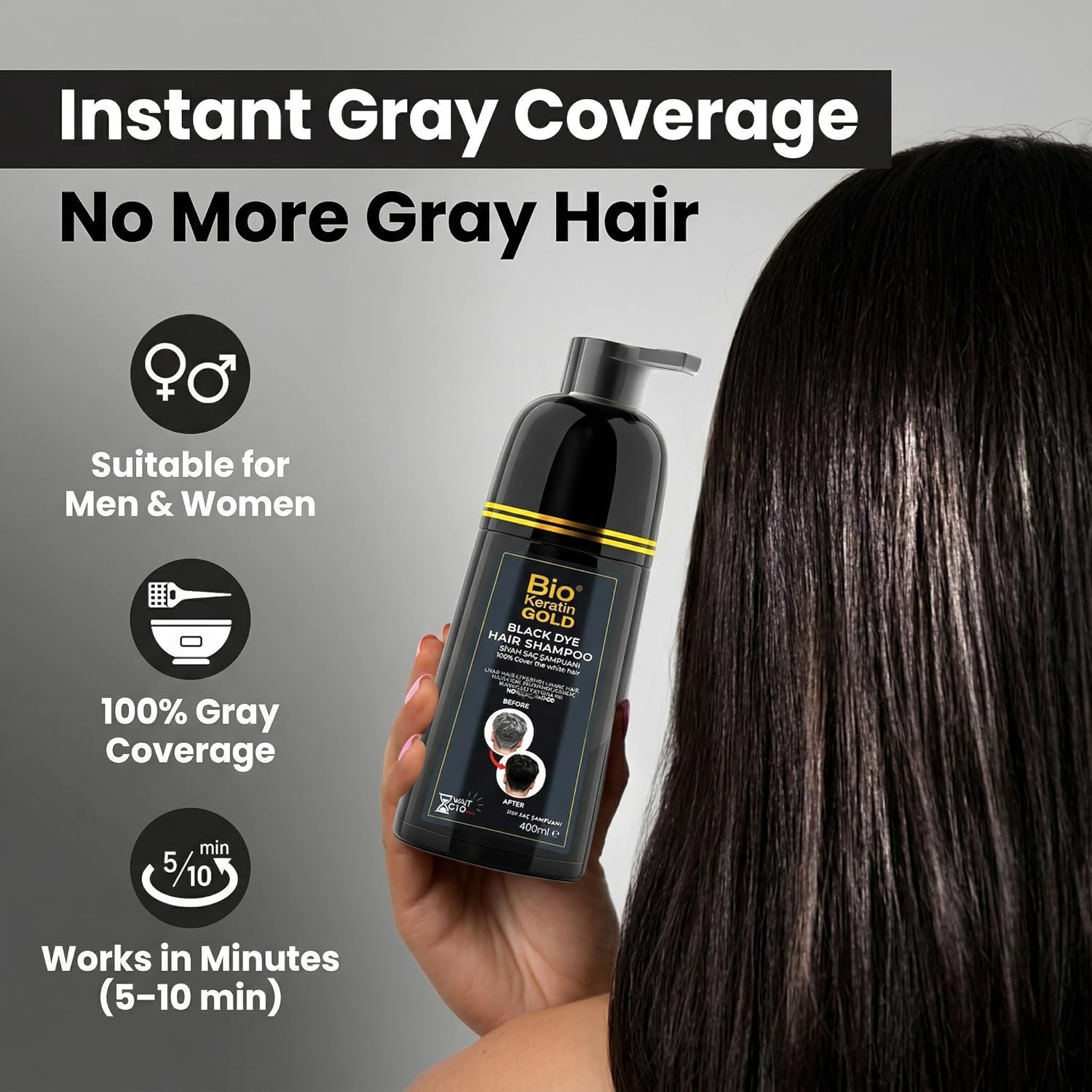 Black Hair Dye Shampoo 400 ml - 100% Grey Coverage in 5-10 Minutes