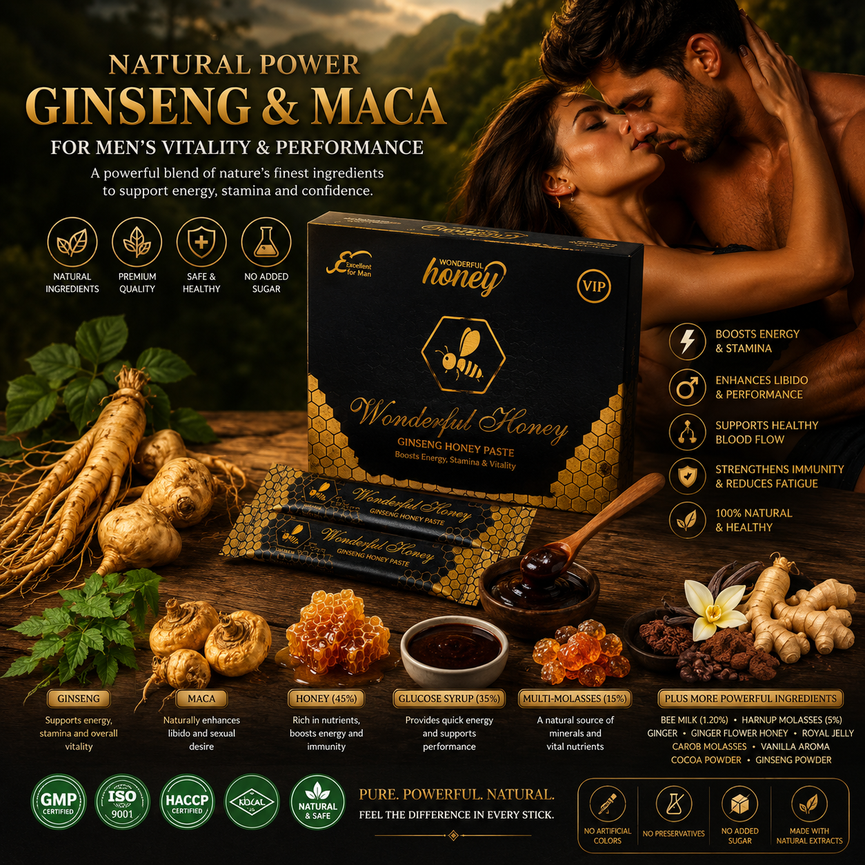 Honey VIP Macun - 2 Pack | Premium Ginseng & Maca Honey Paste for Men | Natural Energy, Vitality & Stamina | 24 Sticks x 15g
